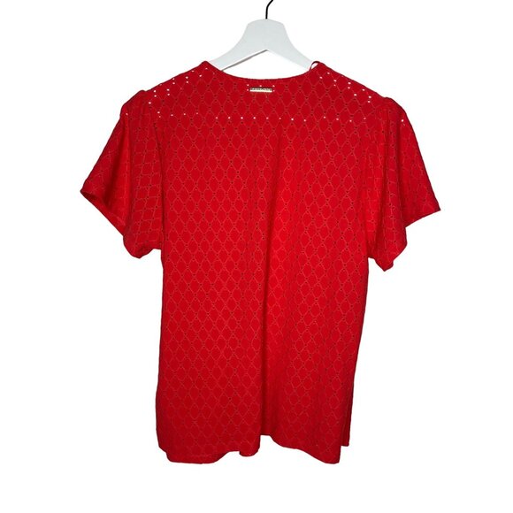 Michael Kors Eyelet Puff Sleeve Blouse S Orange V-Neck Short Sleeve Top - Picture 2 of 10